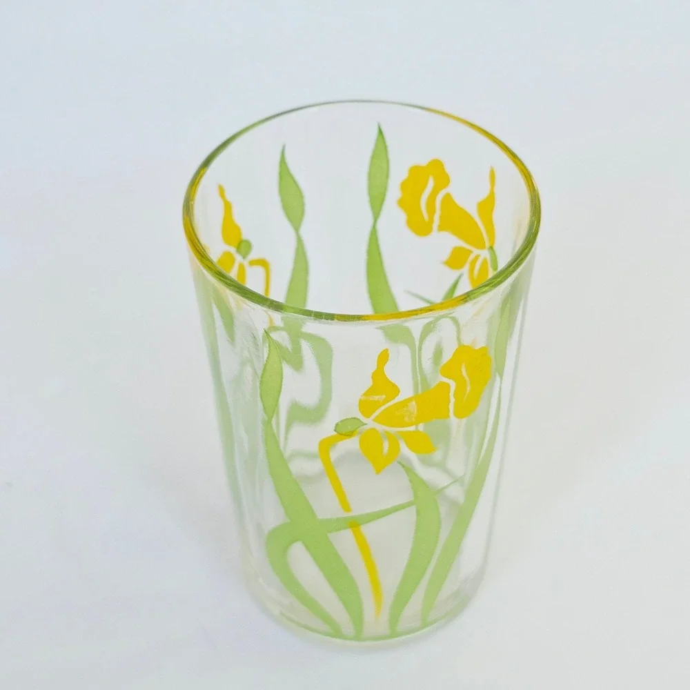 Vintage Daffodil Floral Juice Glass Yellow Green Retro Mid Century Tumbler 4